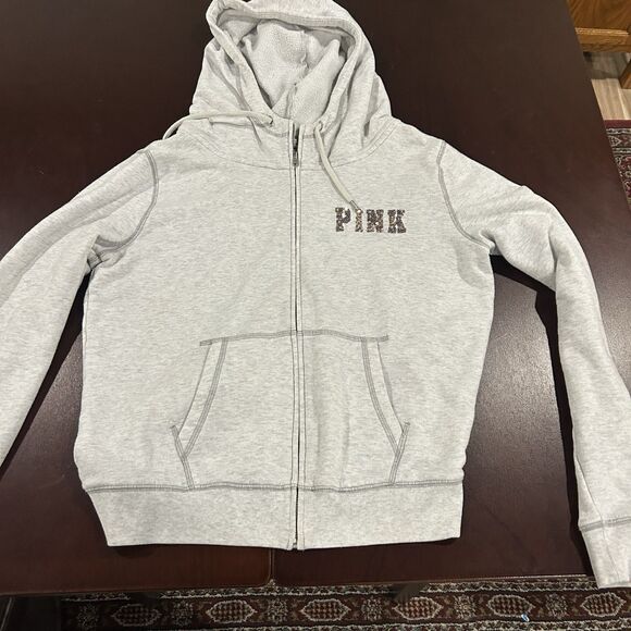 VS PINK Sequin Las Vegas Hoodie Jacket Gray Women’s Sz L Glitter Bling - Picture 1 of 8